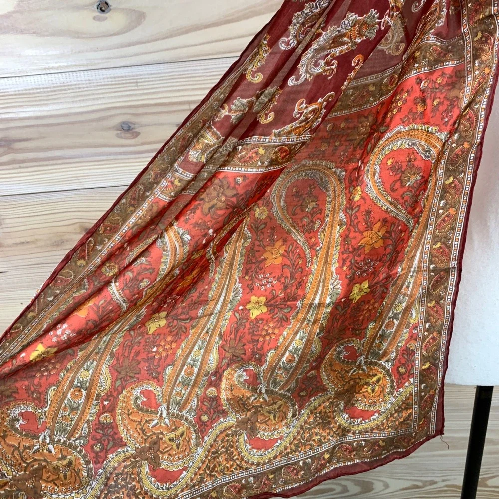 Paisley Silk Scarf Women Rust Orange Rectangular Wrap Lightweight Ethereal Boho